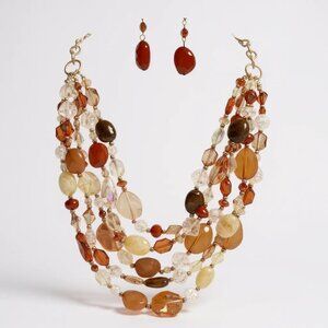 Multi Brown And Clear Mix bead Gold tone Finish Necklace Earring